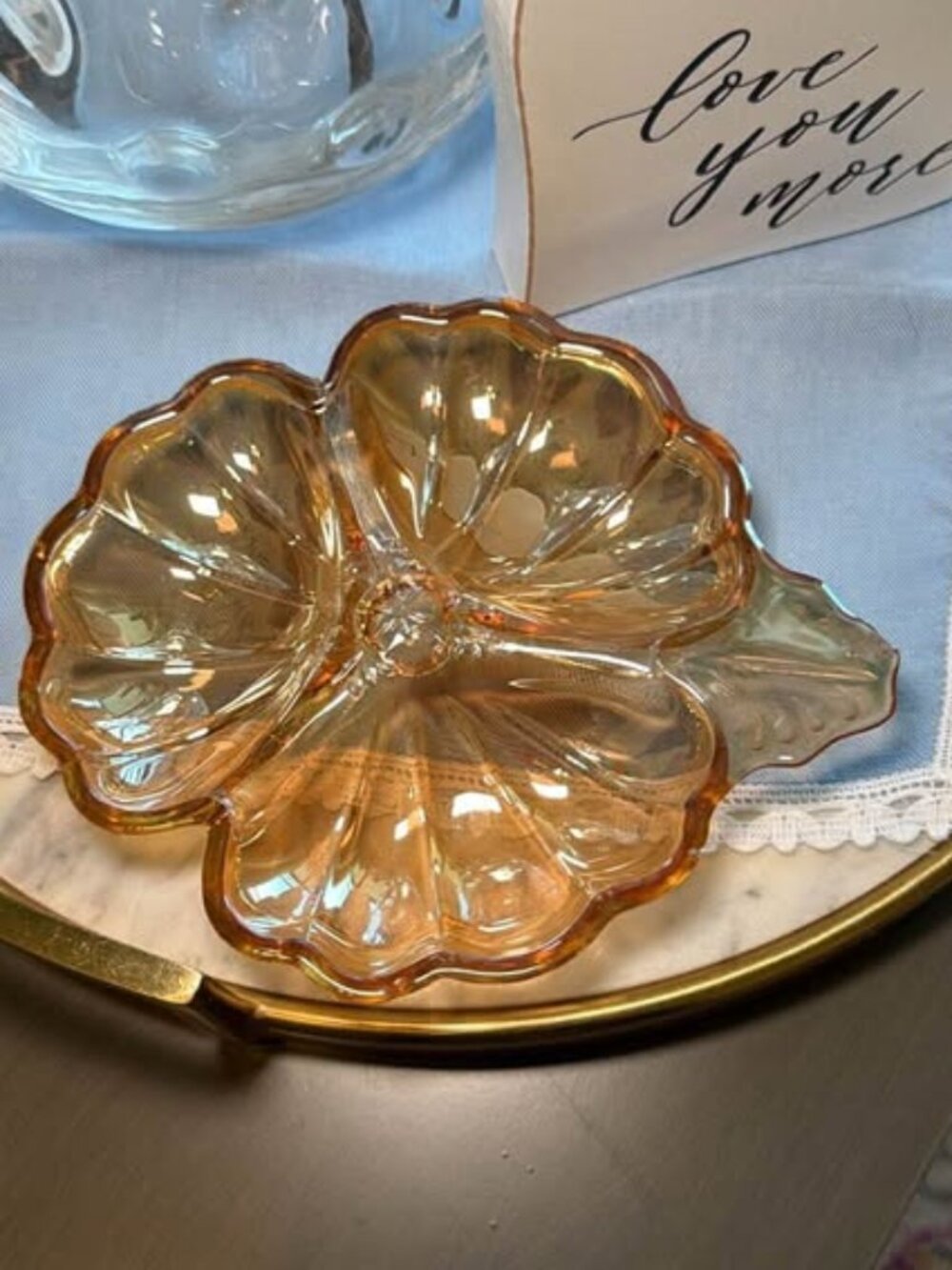 Vintage Marigold Carnival Glass Pansy Dish